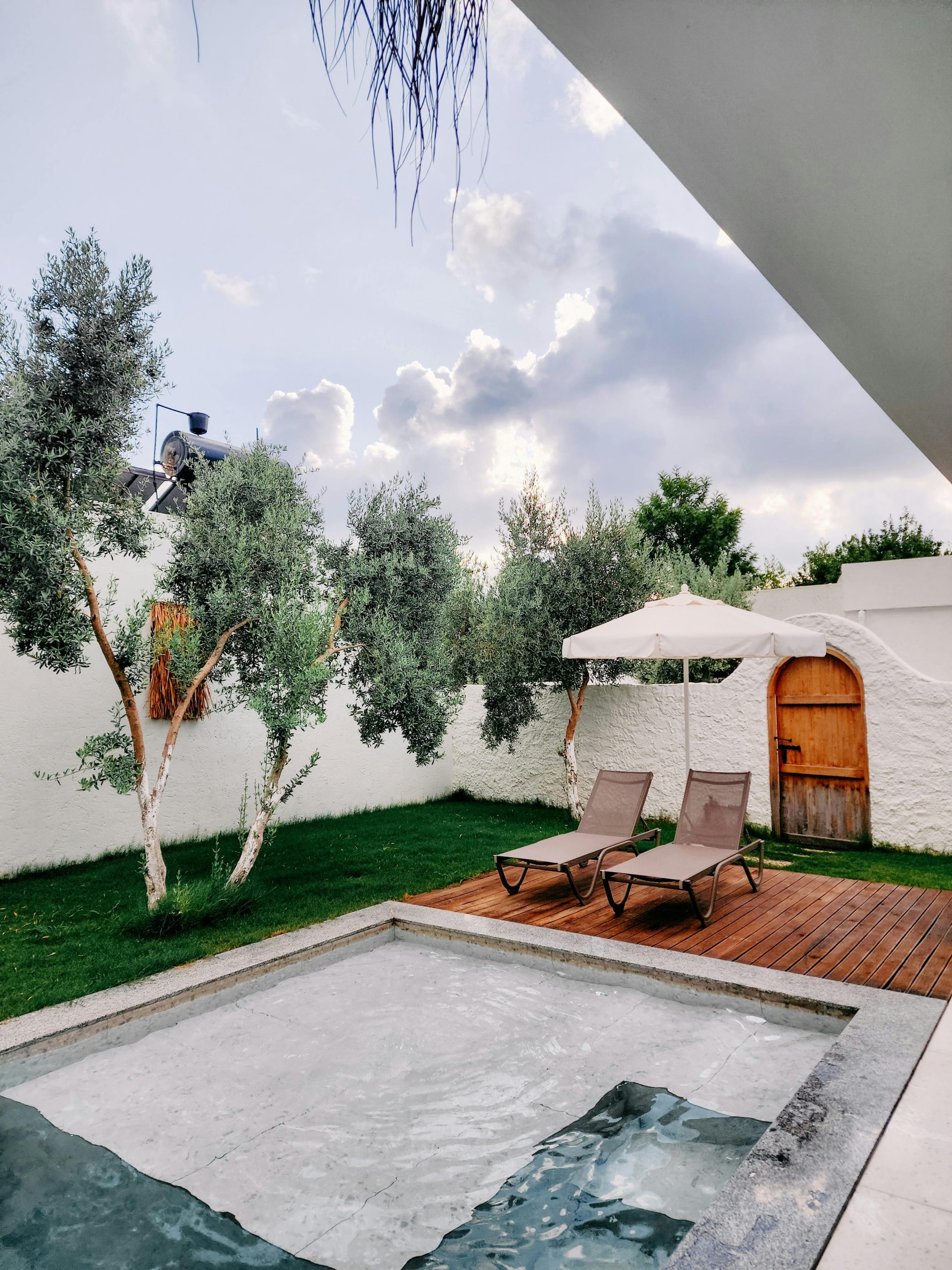 Chic outdoor space with a modern pool, luxurious lounge chairs, and serene trees for a relaxing atmosphere.