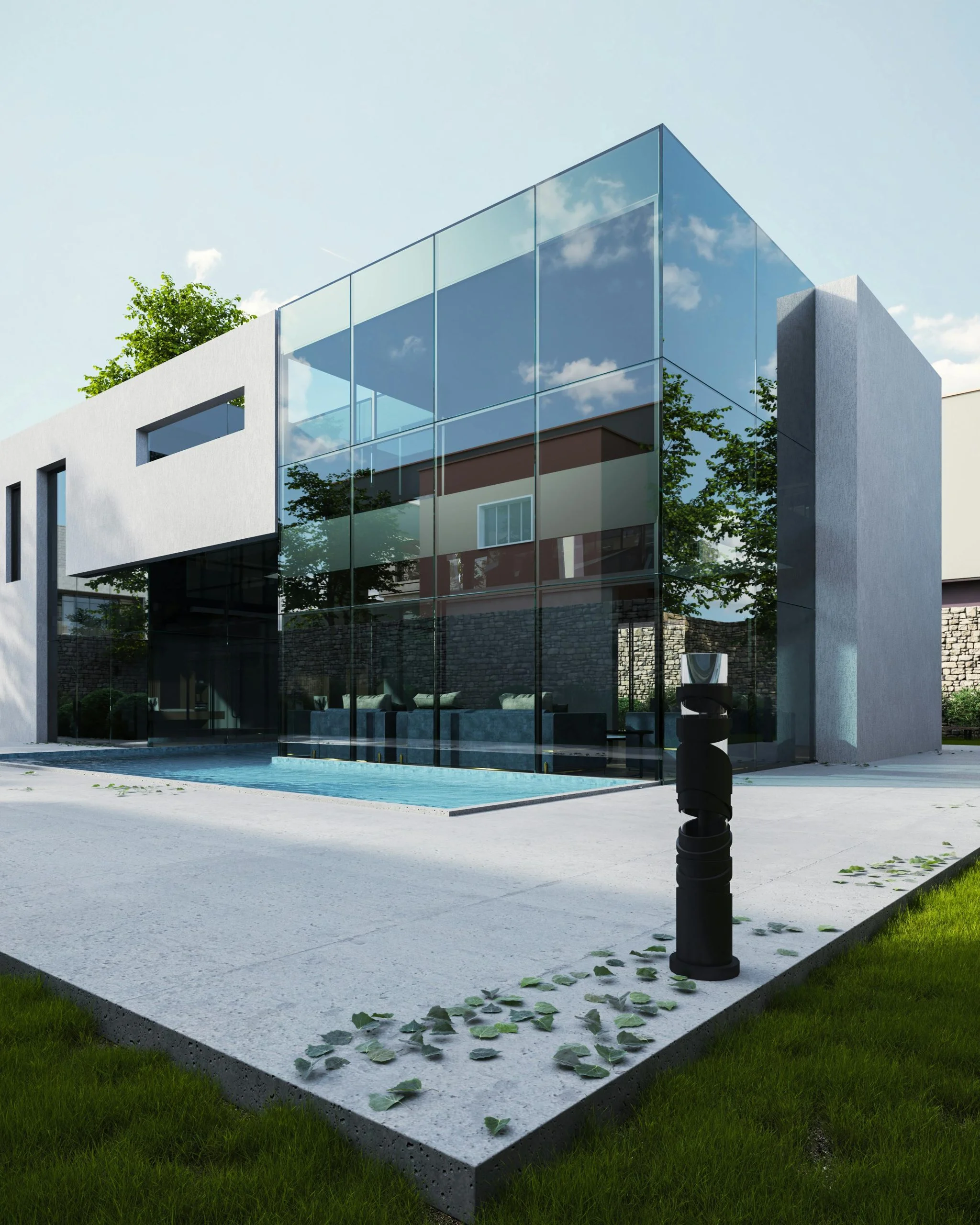 Contemporary house with glass facade and pool, showcasing sleek modern architecture.